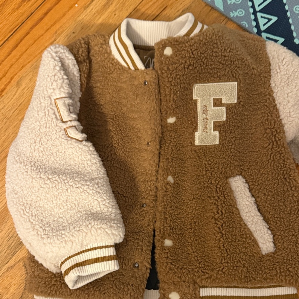 Zara Kids Brown and Cream Fleece Puffer Jacket
